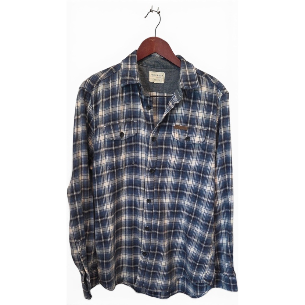 Field & Stream Shirt Cotton Plaid Flannel Regular Blue White Gorpcore Outdoor L